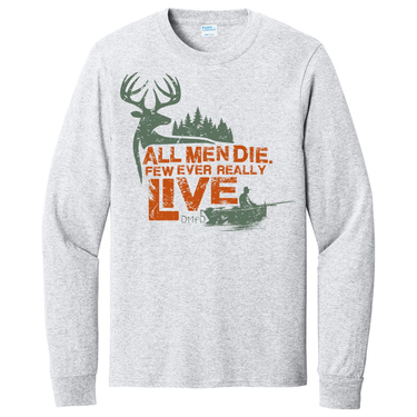 A light grey crewneck with a green and orange print on the front with the text "all men die, few ever really live"
