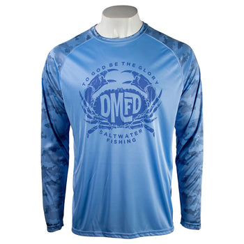 Light blue long-sleeve shirt with camo printed sleeves and a graphic of a crab containing the logo "DMFD"