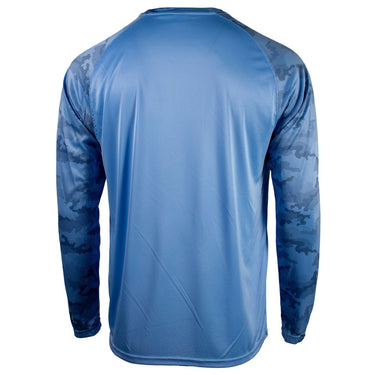 Back of a blue long-sleeve athletic shirt with camouflage sleeves.