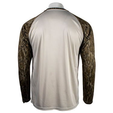 Long-sleeve beige shirt with brown camouflage sleeves.