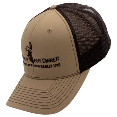 Side of a beige cap with brown mesh back and the text "deer meat for dinner, all men die, few ever really live" across the front.