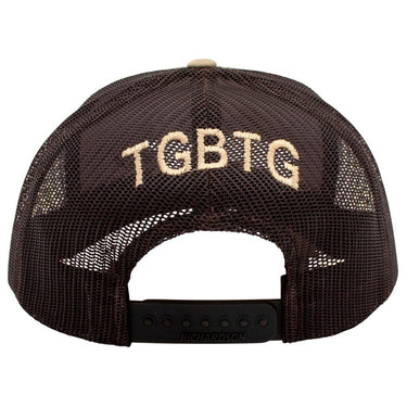 Brown mesh back of a cap with a beige 'TGBTC' logo above the snapback closure.