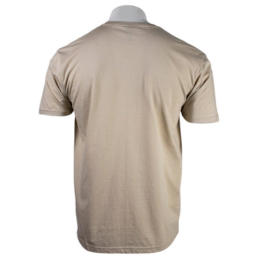 Back of a beige t-shirt.