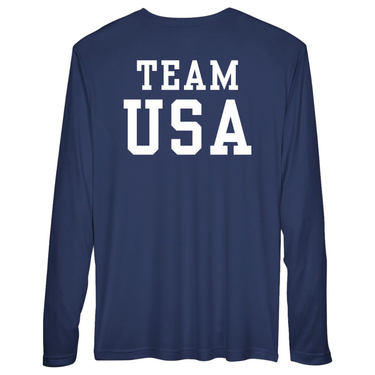Navy long-sleeve shirt with a white 'TEAM USA' printed on the back.