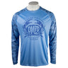 Light blue long-sleeve shirt with camo printed sleeves and a graphic of a crab containing the logo "DMFD"