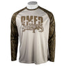 Long-sleeve beige shirt with brown camouflage sleeves and an alligator graphic on the chest with the logo "DMFD"