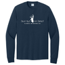 Navy blue long-sleeve shirt with white graphic and text on the chest reading "Deer Meat for Dinner. All men die, few ever really live."