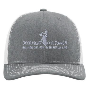 Gray cap with white text saying, "Deer meat for dinner" and a deer emblem on the front in white.