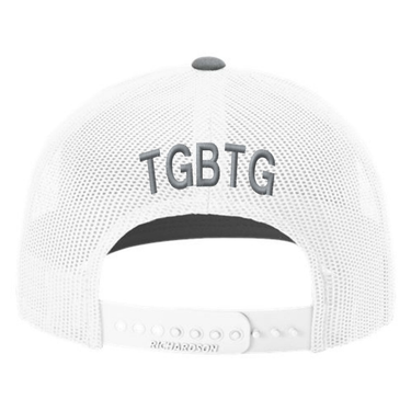 White mesh back of a cap with grey 'TGBTG' branding above the snapback closure.