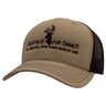 Beige cap with brown mesh back and text design on the front.