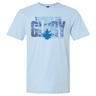 Light blue t-shirt with graphic of a man in a boat and the text "to god be the glory" behind it.