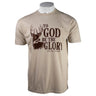 Beige t-shirt with a graphic of a deer and text 'To God Be the Glory' on the chest in brown.