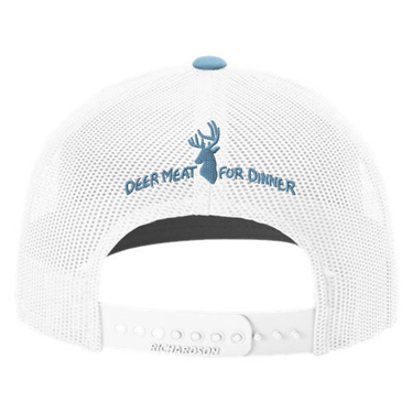 White mesh back of a cap with blue "deer meat for dinner" logo above the snapback closure.