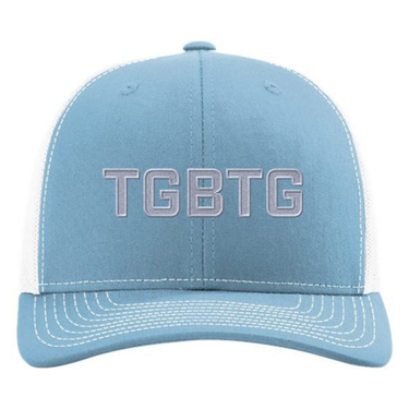 Light blue cap with 'TGBTG' text embroidered on the front in white. 
