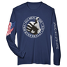 Navy long-sleeve shirt with a circular design of a thumbs up on the front and logos on the sleeves.