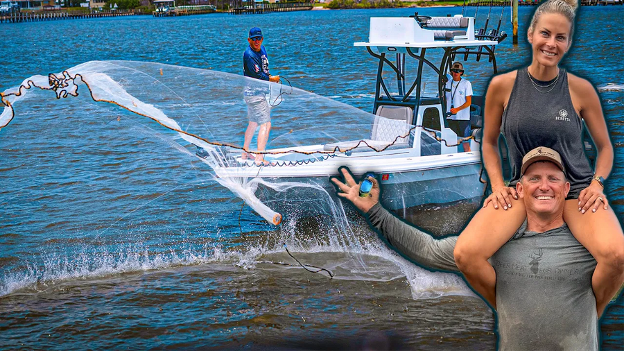 An outdoor scene showing a white boat on blue water with a person casting a large net, plus Robert and Sarah Arrington in the lower right